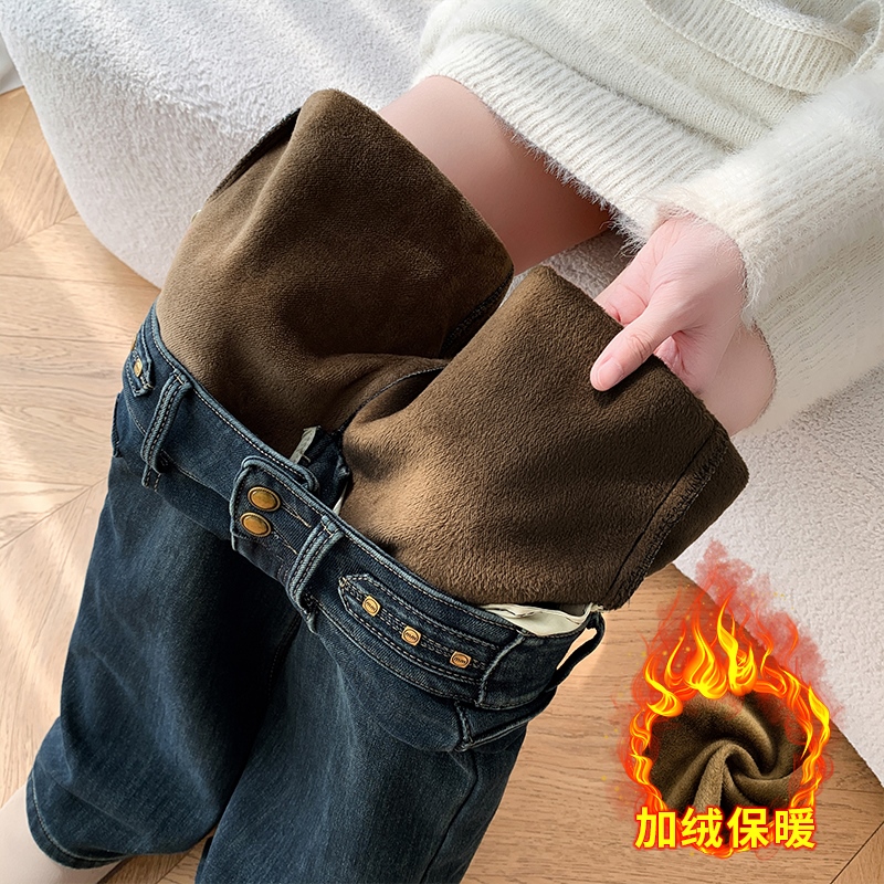 實拍高腰提臀彈力牛仔闊腿褲女2025冬季韓版加絨加厚垂感直筒長褲