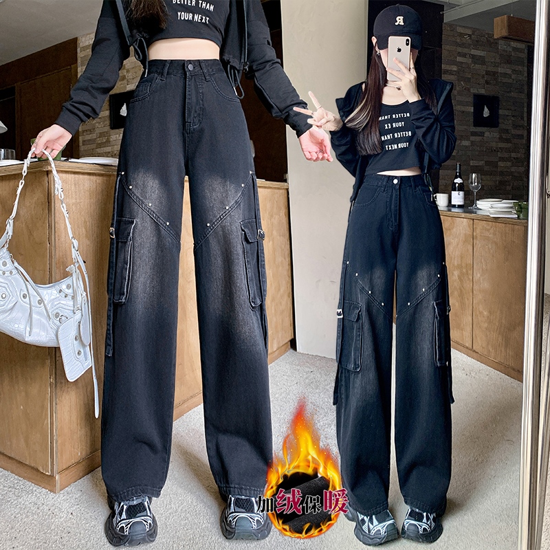 實拍加絨加厚美式辣妹工裝牛仔褲女2025冬季窄款多口袋高腰闊腿褲