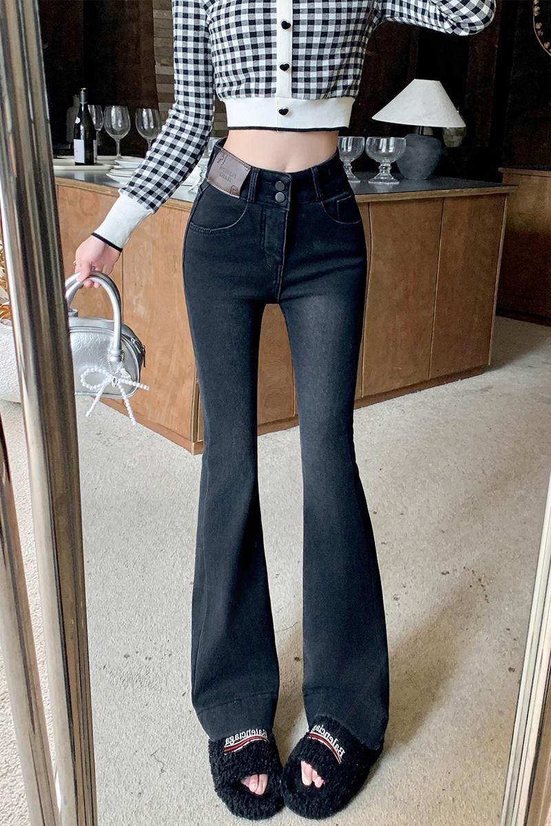 實拍復古黑高腰彈力牛仔微喇褲女2025冬季韓版加絨加厚垂感闊腿褲