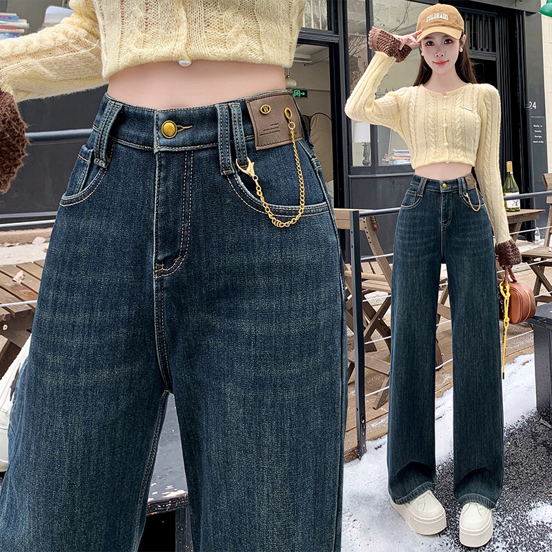 實拍加絨加厚牛仔直筒闊腿褲女2025冬新款韓版高腰彈力垂感提臀褲
