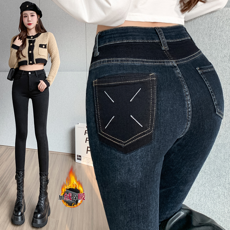 實拍加絨煙管小腳牛仔褲女2025冬季韓版撞色設計感口袋高腰直筒褲