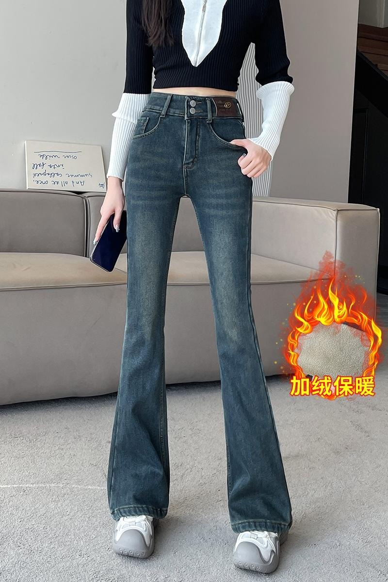 實拍雙扣彈力水泥灰微喇牛仔褲女2025冬季高腰寬松顯瘦加絨直筒褲