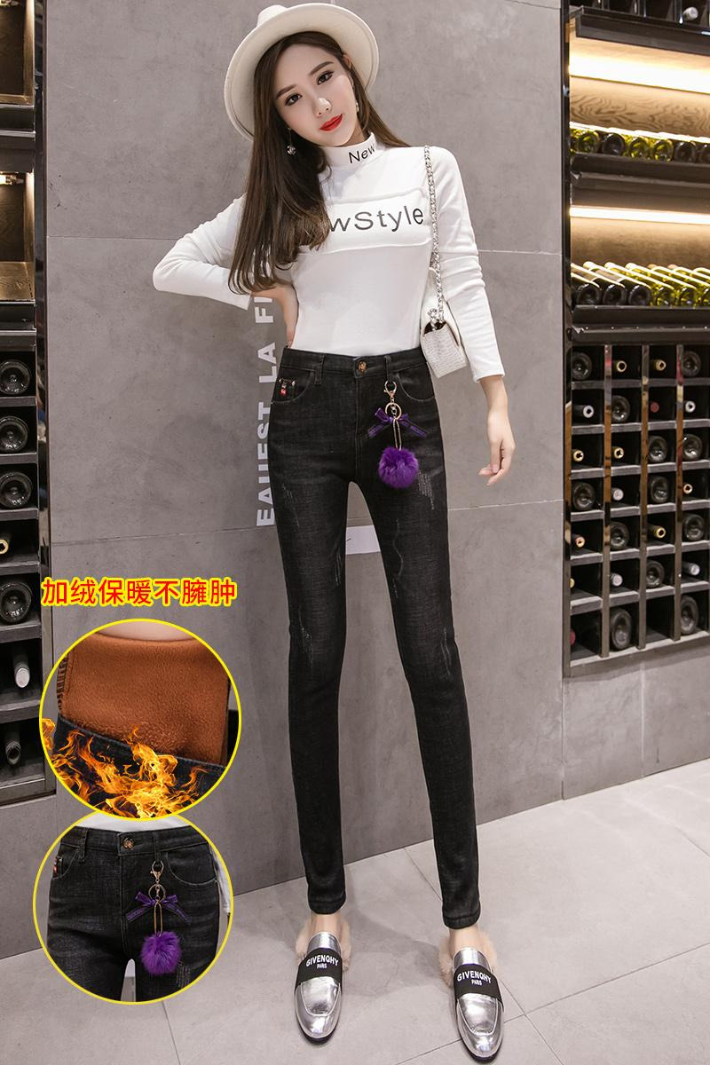 實拍黑灰色加絨加厚彈力牛仔褲女2025冬季韓版高腰修身顯瘦小腳褲