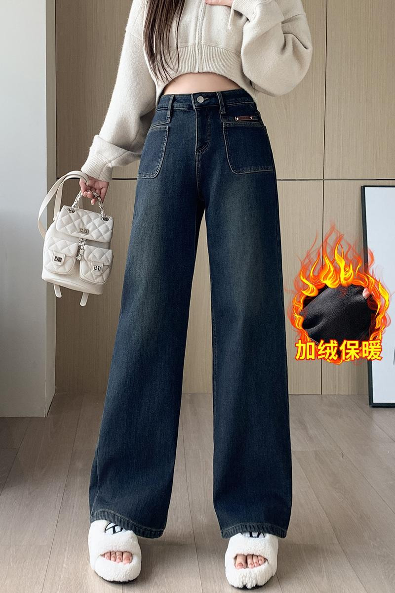實拍加絨加厚水泥灰牛仔闊腿褲女2025冬季設計口袋寬松直筒拖地褲