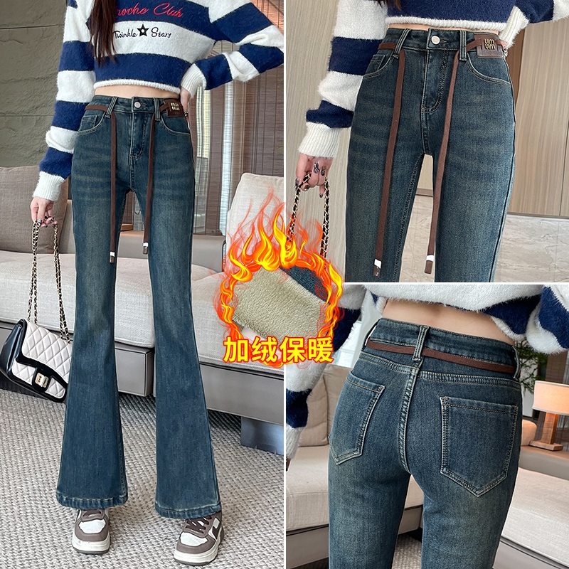 實拍加絨保暖牛仔微喇褲女2025冬季韓版高腰撞色漸變色彈力喇叭褲