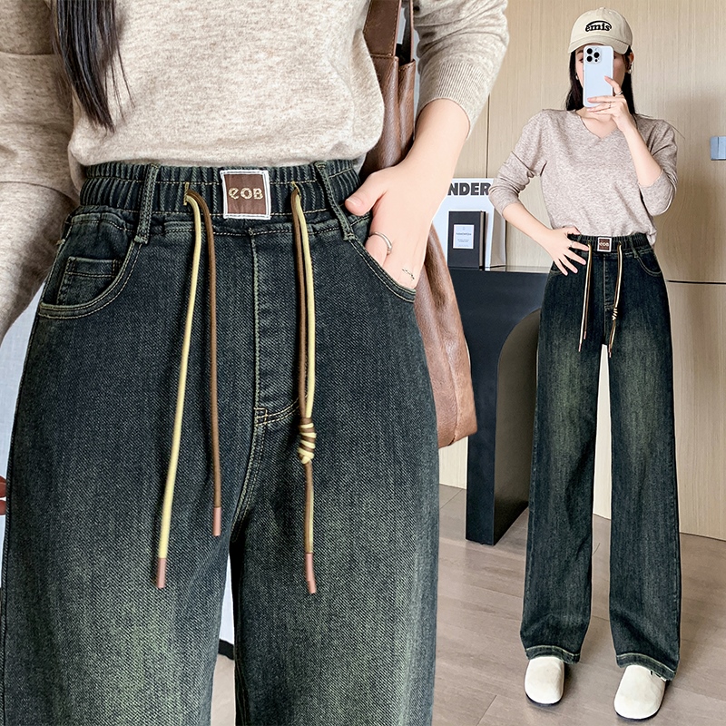 實拍撞色抽繩加厚闊腿牛仔褲女2025秋冬韓版彈力寬松腰顯瘦直筒褲