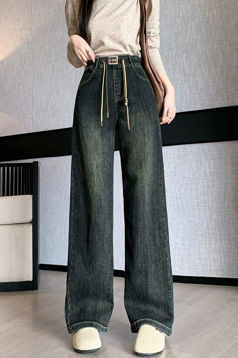 實拍撞色抽繩加厚闊腿牛仔褲女2025秋冬韓版彈力寬松腰顯瘦直筒褲