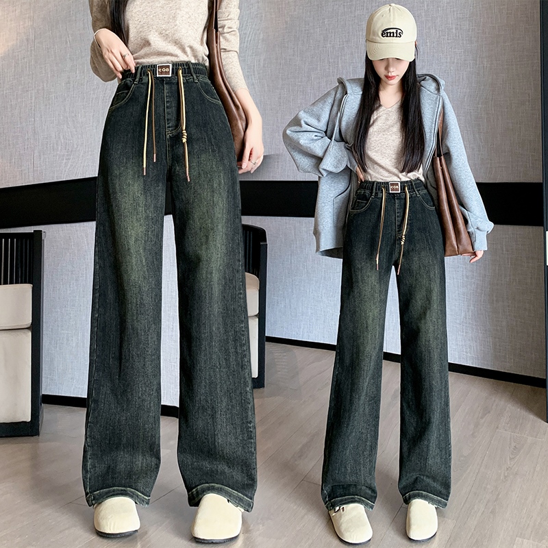 實拍撞色抽繩加絨加厚牛仔闊腿褲女2025秋冬韓版彈力寬松腰直筒褲