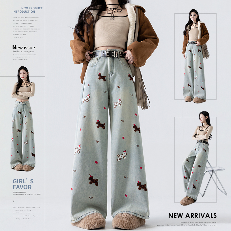 實拍加絨加厚刺繡闊腿褲女2025冬季辣妹風松弛寬松提臂高腰拖地褲