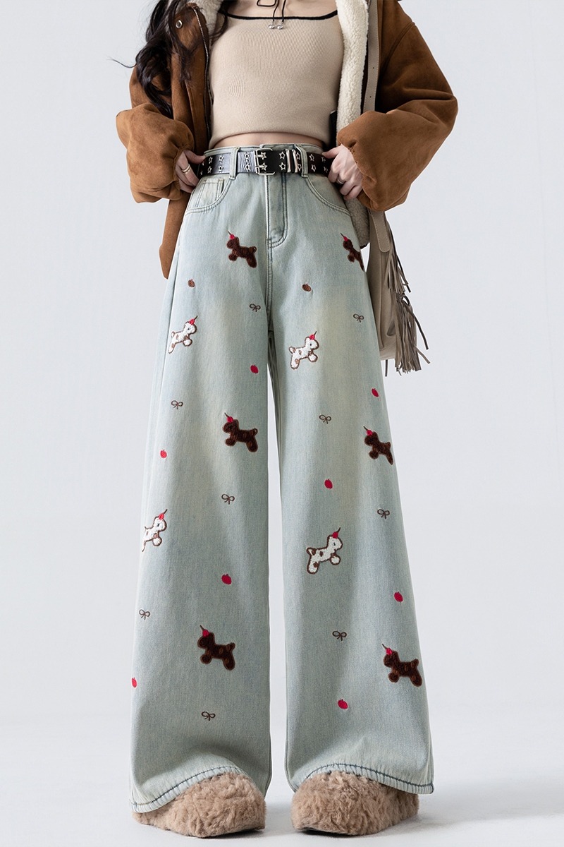 實拍加絨加厚刺繡闊腿褲女2025冬季辣妹風松弛寬松提臂高腰拖地褲