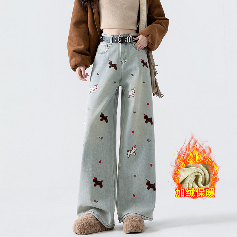 實拍加絨加厚高腰拖地褲女2025冬季韓版風時尚休閑刺繡小馬闊腿褲
