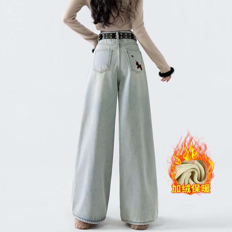 實拍加絨加厚高腰拖地褲女2025冬季韓版風時尚休閑刺繡小馬闊腿褲
