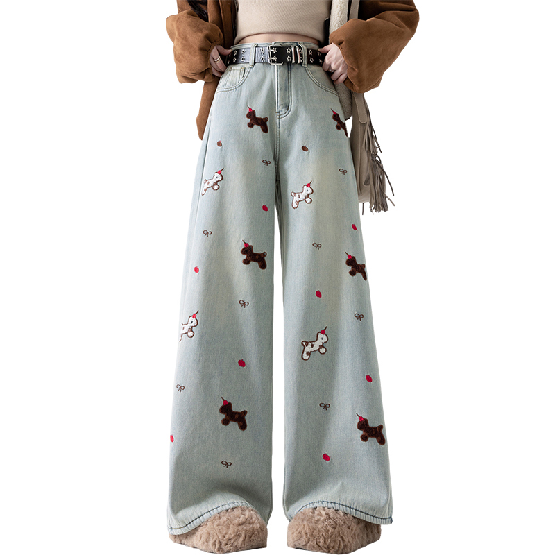 實拍加絨加厚高腰拖地褲女2025冬季韓版風時尚休閑刺繡小馬闊腿褲