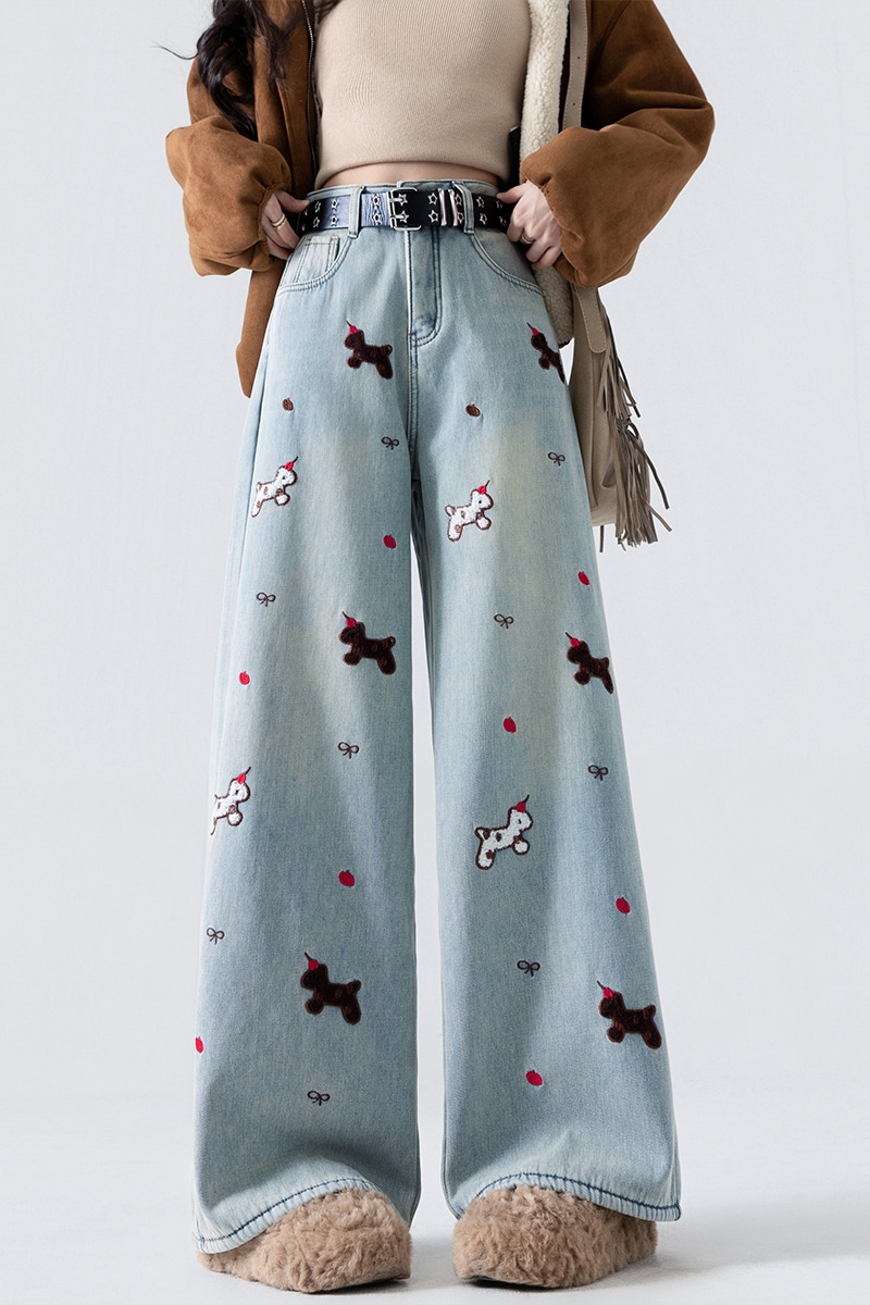 實拍加絨加厚刺繡小馬褲女2025冬季辣妹風松弛寬松提臂高腰拖地褲