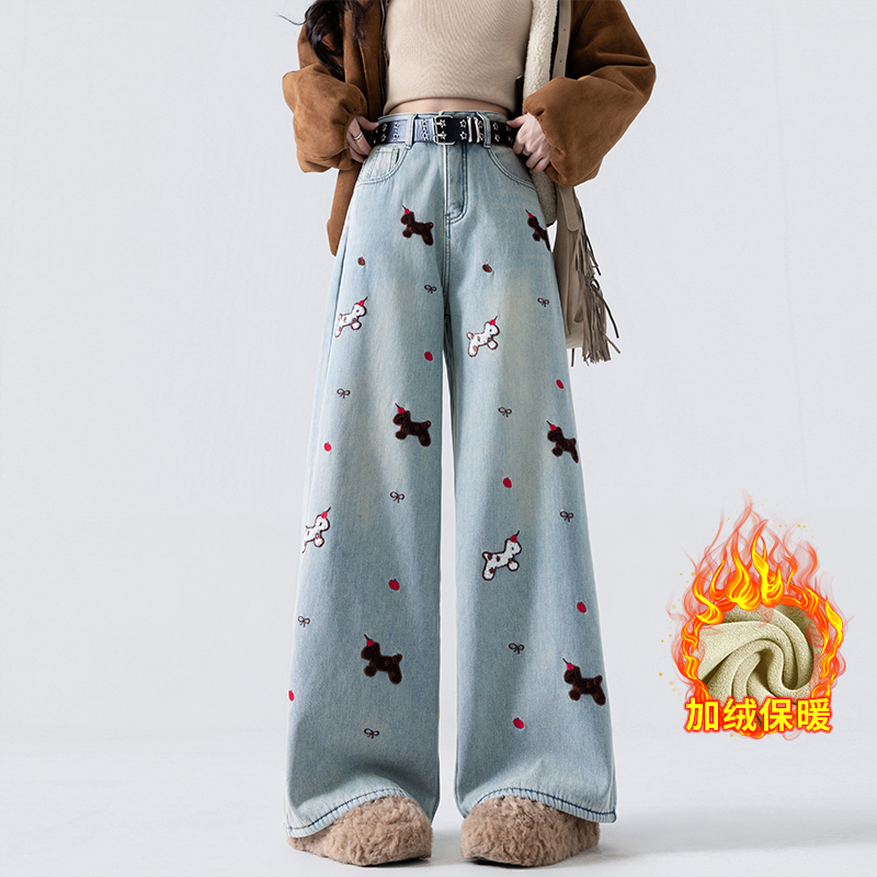 實拍加絨加厚高腰拖地褲女2025冬季韓版風時尚休閑刺繡小馬闊腿褲