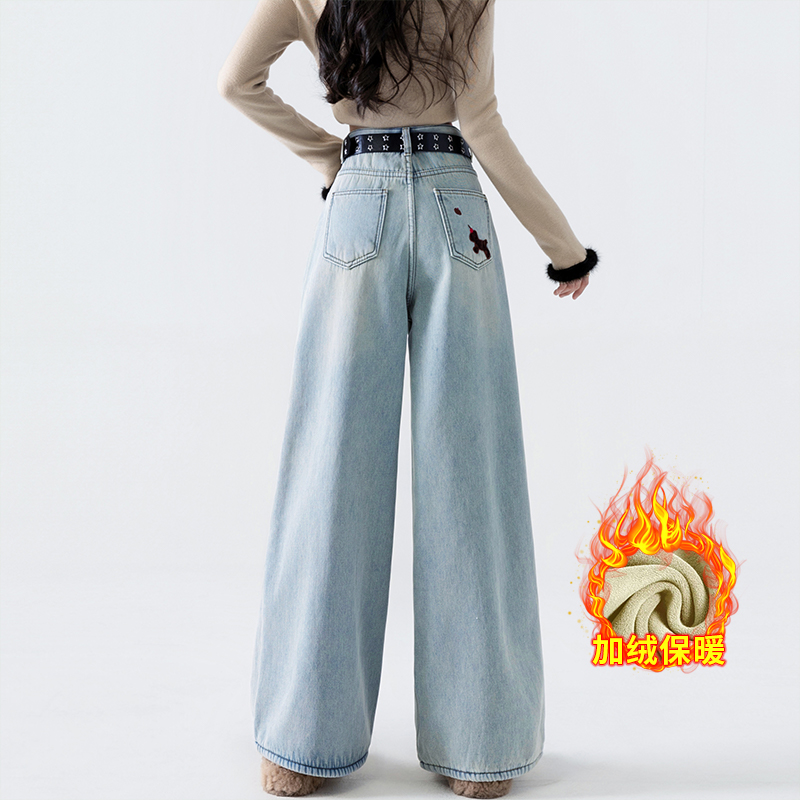 實拍加絨加厚高腰拖地褲女2025冬季韓版風時尚休閑刺繡小馬闊腿褲