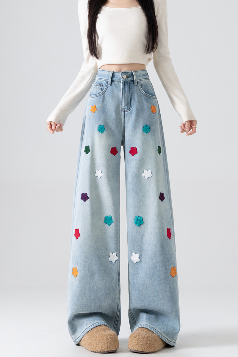 實拍刺繡小花朵闊腿褲女2025冬季辣妹風時尚顯高顯瘦遮肉拖地褲