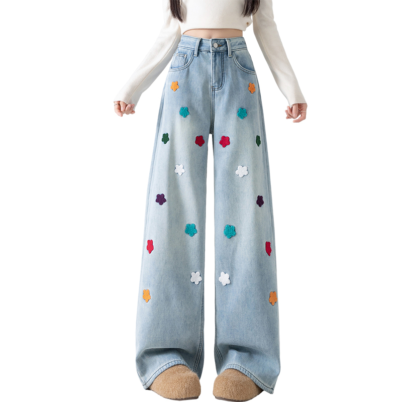 實拍遮肉拖地褲女2025冬季辣妹風時尚顯高顯瘦刺繡小花朵闊腿褲