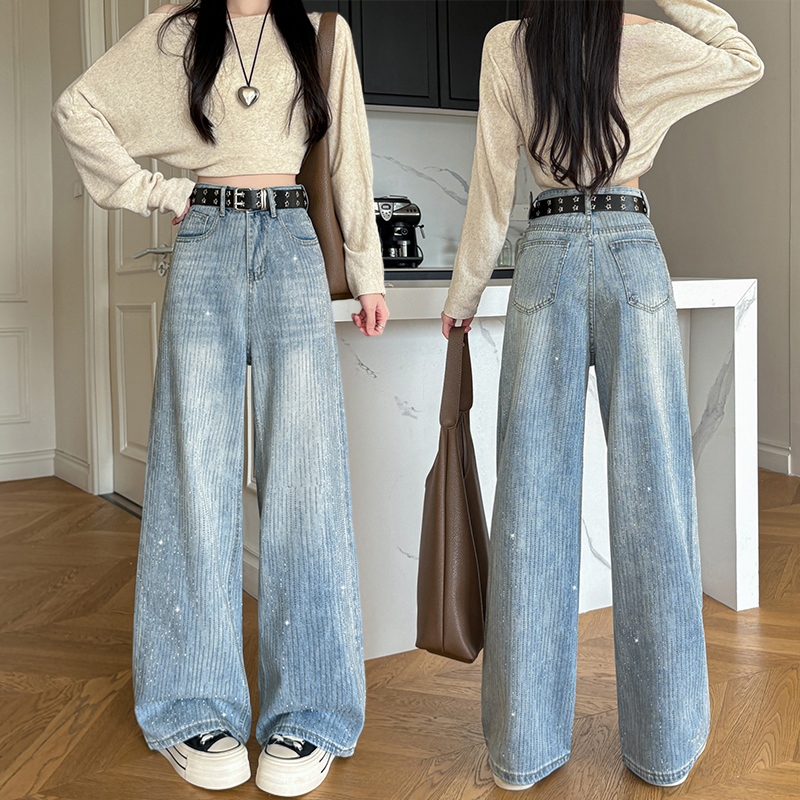 實拍滿天星燙鉆闊腿褲女2026春辣妹風時尚百搭顯瘦柔軟舒適拖地褲