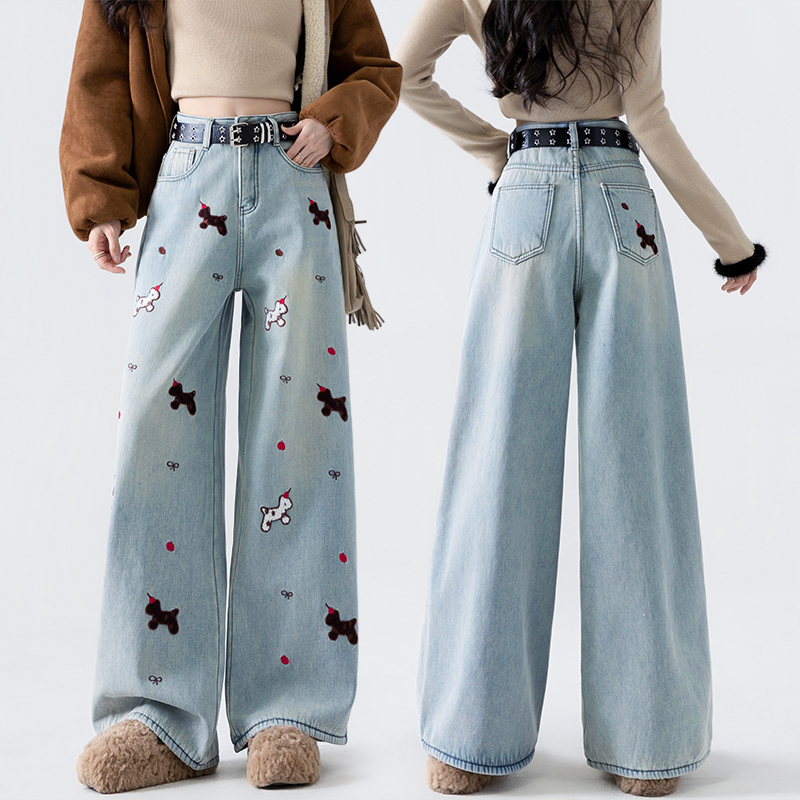 實拍刺繡小馬闊腿褲女2026春季辣妹風松弛舒適寬松提臂高腰拖地褲