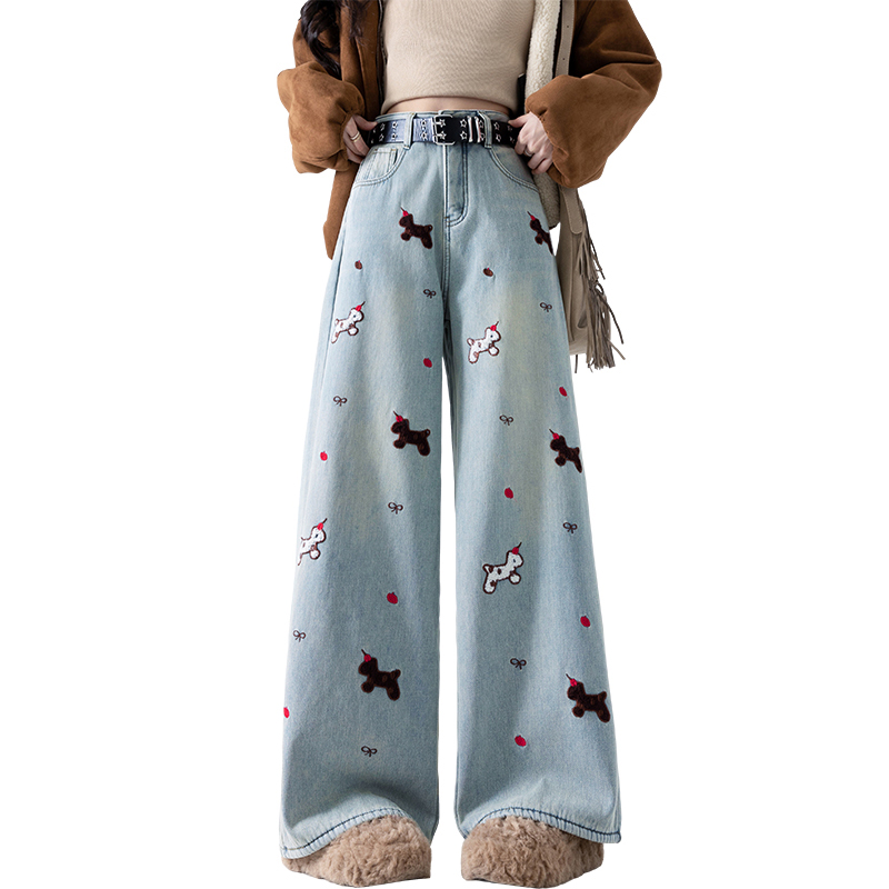 實拍刺繡小馬闊腿褲女2026春季辣妹風松弛舒適寬松提臂高腰拖地褲