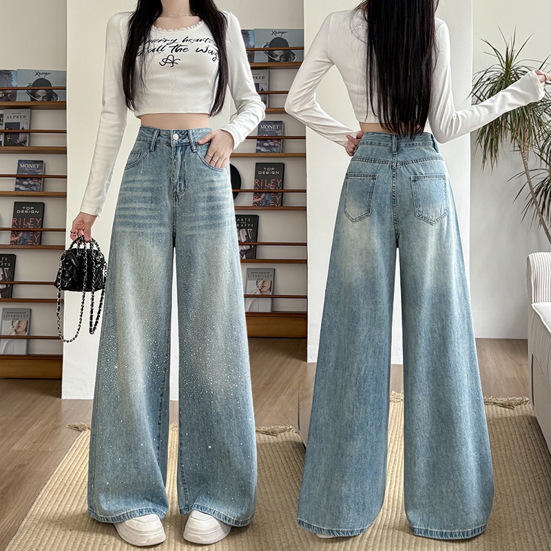 實拍燙鉆拖地褲女2026年春夏季辣妹風時尚顯高顯瘦耐穿耐磨闊腿褲