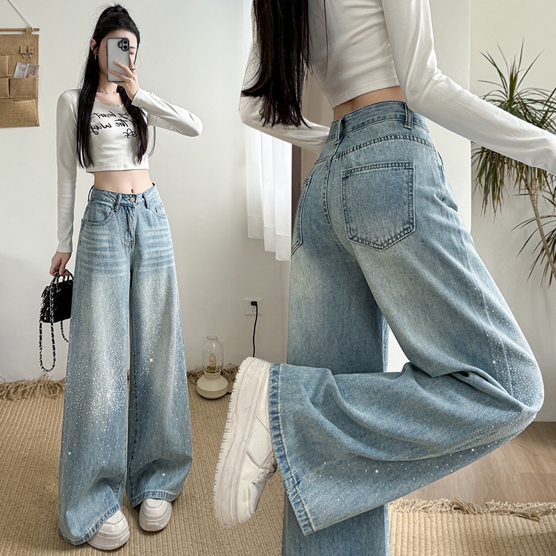 實拍燙鉆拖地褲女2026年春夏季辣妹風時尚顯高顯瘦耐穿耐磨闊腿褲