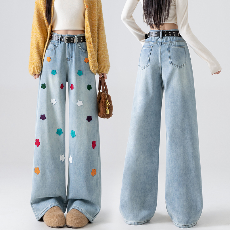 實拍刺繡小花朵闊腿女2026年春夏季韓版風顯瘦顯長抗皺耐磨拖地褲