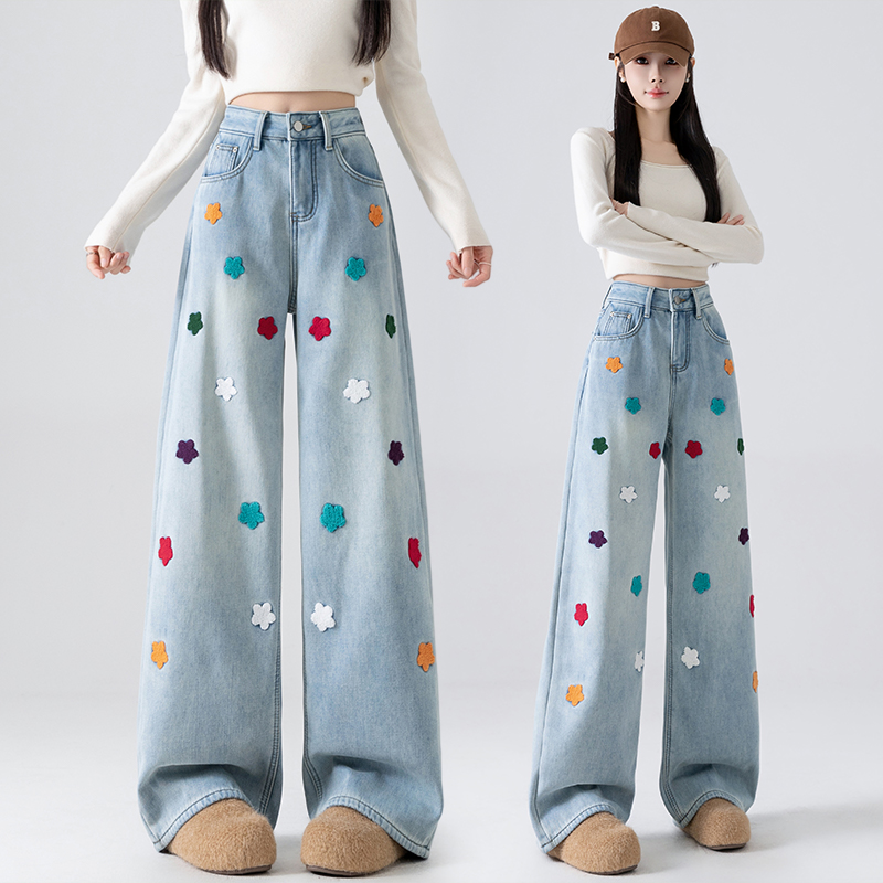實拍刺繡小花朵闊腿女2026年春夏季韓版風顯瘦顯長抗皺耐磨拖地褲