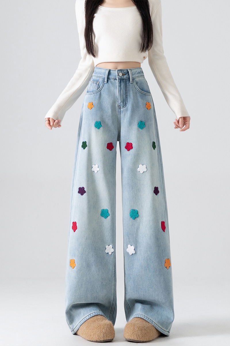 實拍刺繡小花朵闊腿女2026年春夏季韓版風顯瘦顯長抗皺耐磨拖地褲