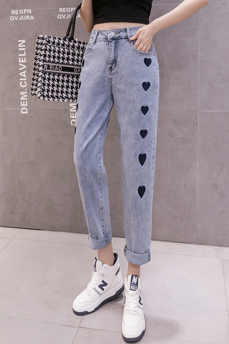 實拍愛心刺繡牛仔哈倫褲女2026春季新版韓版寬松高腰直筒老爹長褲