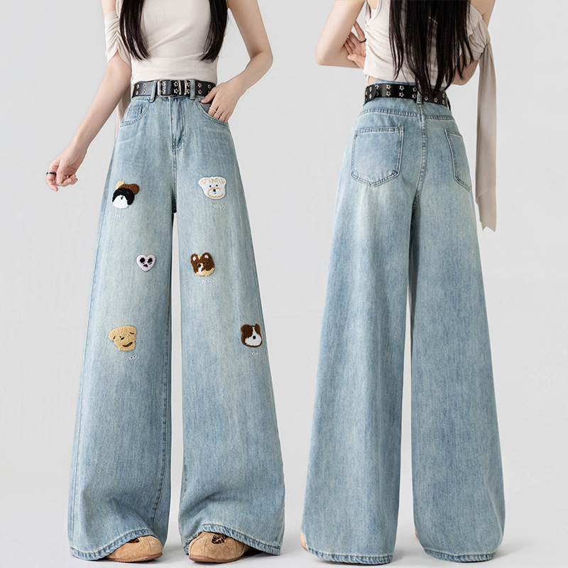 實拍時尚百搭慵懶刺繡闊腿褲女2026春夏季韓版風高腰收腹拖地褲