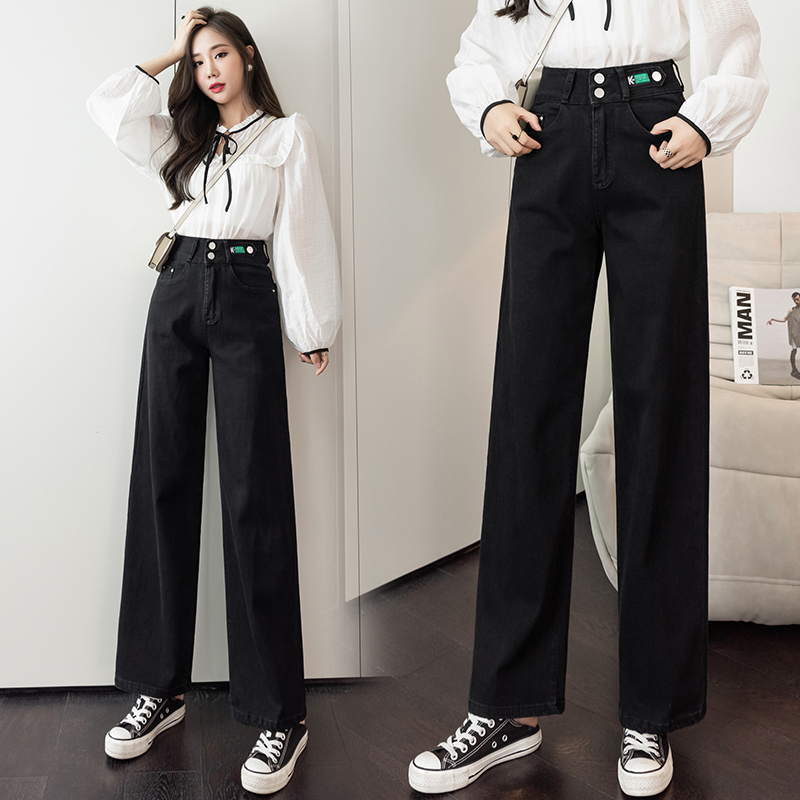 實拍高腰窄款雙扣闊腿牛仔褲女2026春季韓版彈力刺繡直筒煙管長褲