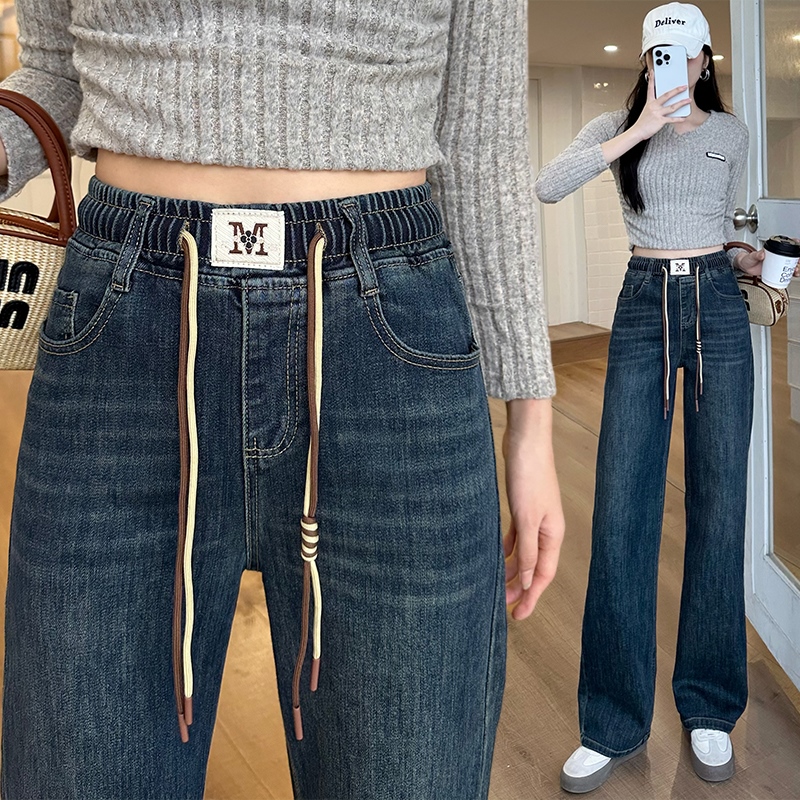 實拍松緊腰闊腿牛仔褲女2026春夏韓版顯瘦垂感彈力窄款直筒老爹褲