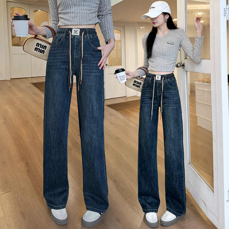 實拍松緊腰闊腿牛仔褲女2026春夏韓版顯瘦垂感彈力窄款直筒老爹褲