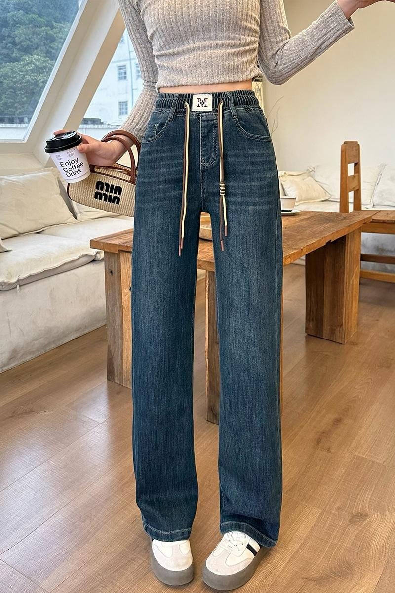 實拍松緊腰闊腿牛仔褲女2026春夏韓版顯瘦垂感彈力窄款直筒老爹褲