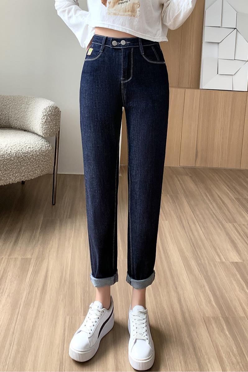 實拍高腰彈力小個子牛仔哈倫褲女2026春季韓版顯瘦直筒窄款小腳褲