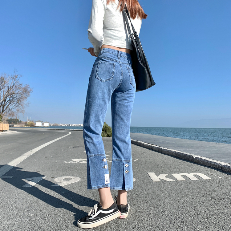 實拍直筒牛仔褲女2026春季韓版小個子高腰顯瘦拼接彈力窄款煙管褲