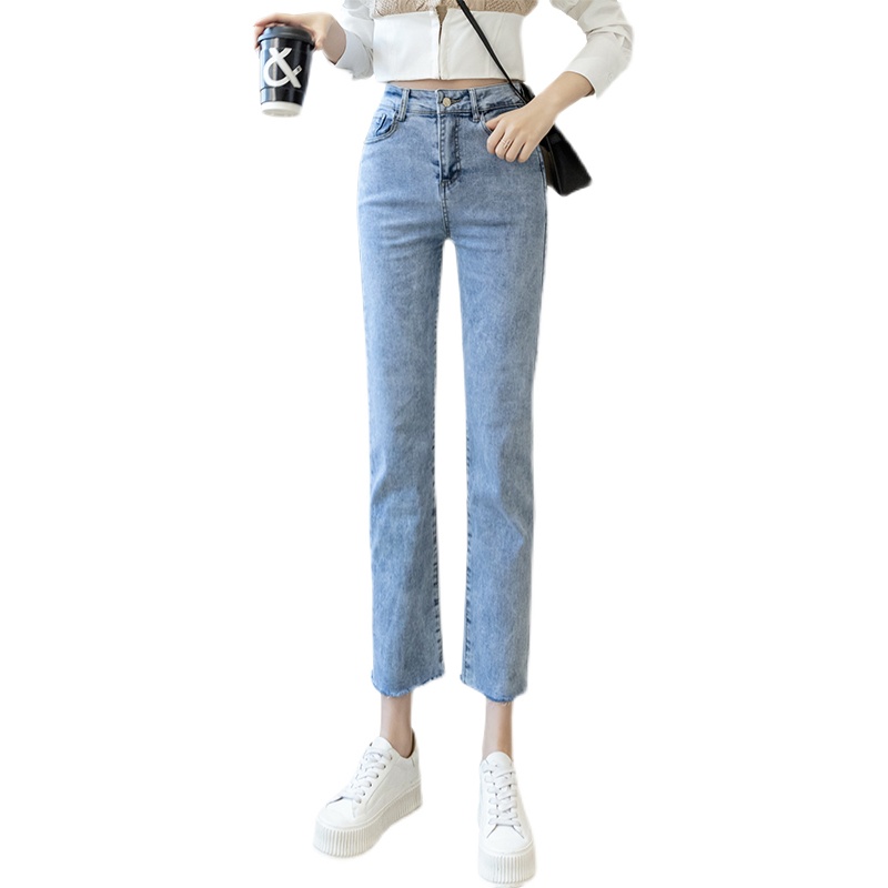 實拍高腰直筒牛仔褲女2026春夏季韓版百搭顯瘦紐扣開叉窄款煙管褲
