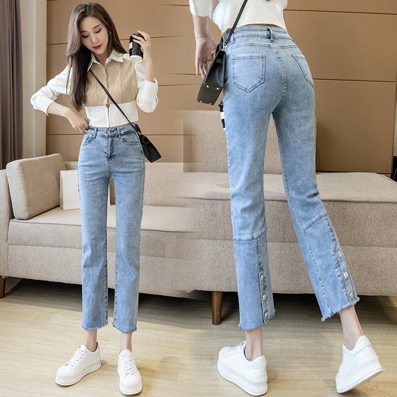 實拍高腰直筒牛仔褲女2026春夏季韓版百搭顯瘦紐扣開叉窄款煙管褲