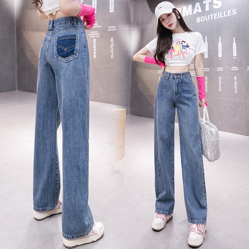實拍撞色復古牛仔闊腿褲女2026春季新款高腰寬松垂感直筒老爹長褲