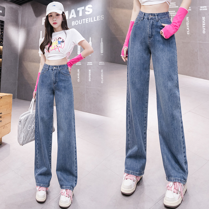 實拍撞色復古牛仔闊腿褲女2026春季新款高腰寬松垂感直筒老爹長褲