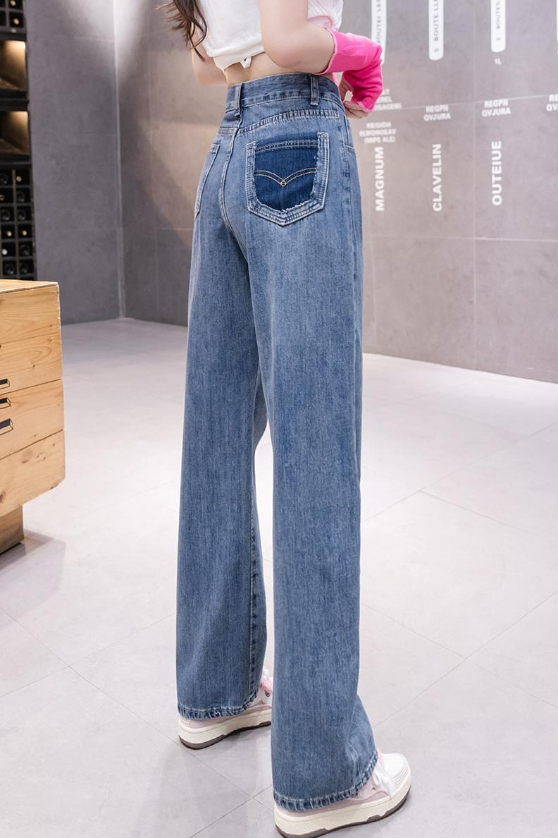 實拍撞色復古牛仔闊腿褲女2026春季新款高腰寬松垂感直筒老爹長褲