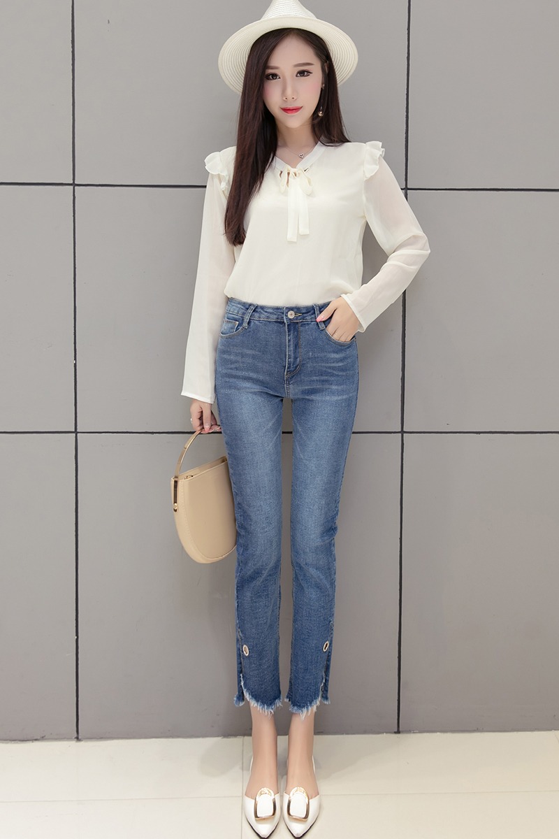 實拍高腰開叉提臀牛仔褲女2026春夏季韓版彈力顯瘦修身窄款微喇褲