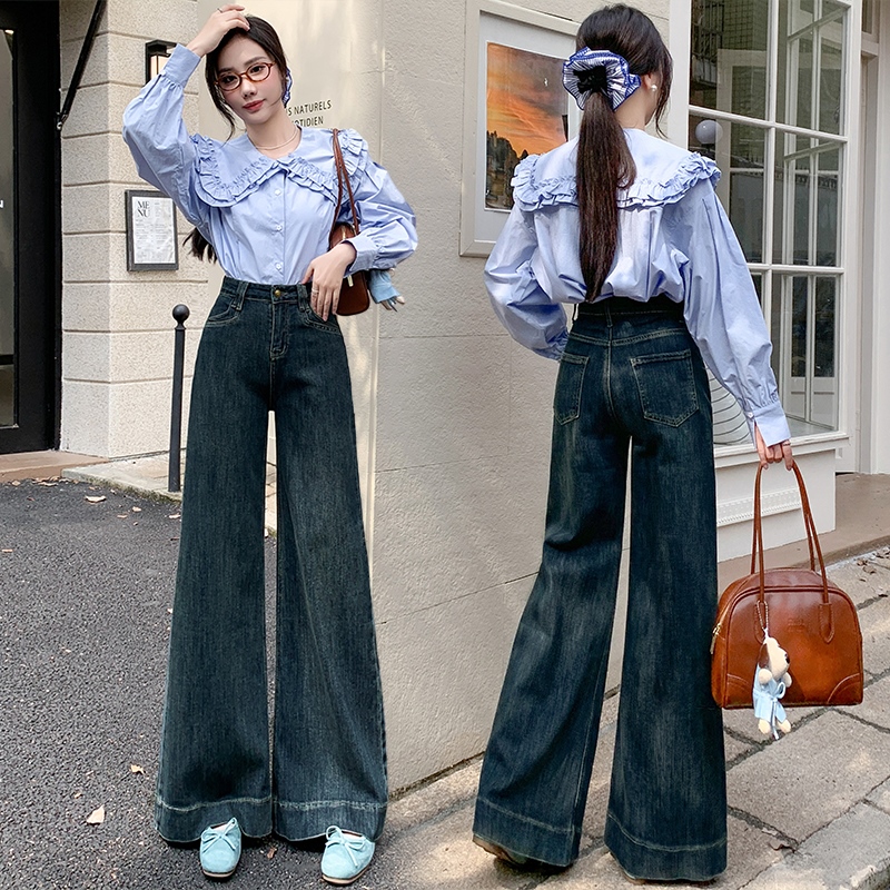 實拍小個子牛仔闊腿褲女2026夏季新款韓版高腰彈力顯瘦寬松大擺褲