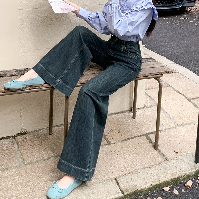 實拍小個子牛仔闊腿褲女2026夏季新款韓版高腰彈力顯瘦寬松大擺褲