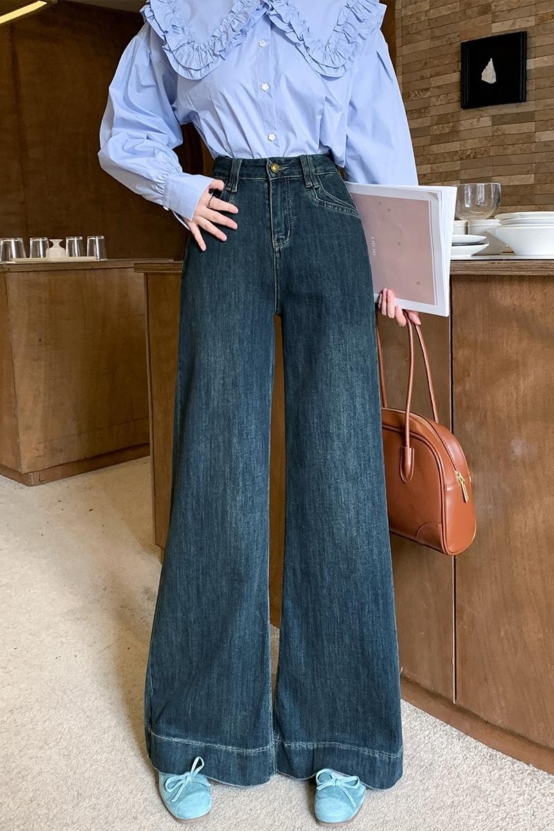 實拍小個子牛仔闊腿褲女2026夏季新款韓版高腰彈力顯瘦寬松大擺褲