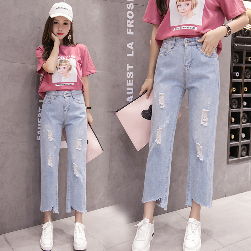 實拍破洞九分直筒牛仔褲女2026夏季韓版寬松高腰磨破顯瘦闊腿褲潮