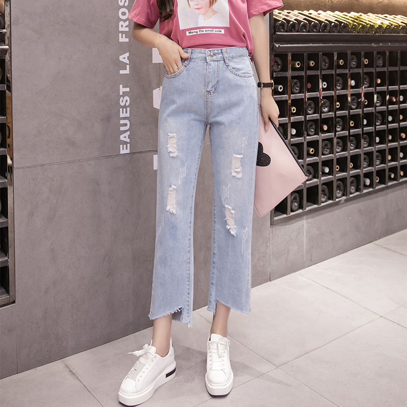 實拍破洞九分直筒牛仔褲女2026夏季韓版寬松高腰磨破顯瘦闊腿褲潮