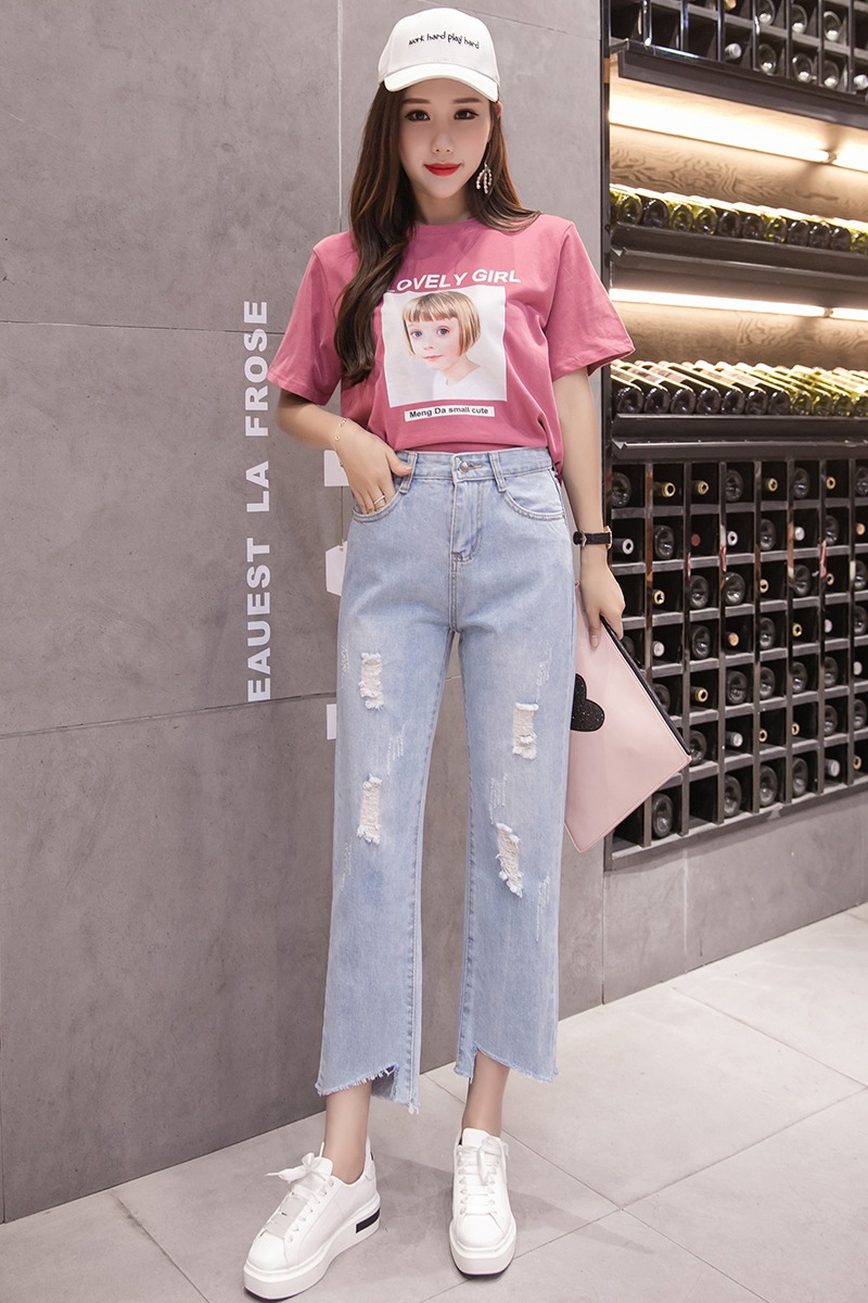 實拍破洞九分直筒牛仔褲女2026夏季韓版寬松高腰磨破顯瘦闊腿褲潮